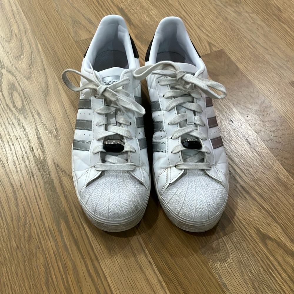 Adidas Women’s White Rose Gold Super Star Lace Up Sneakers Tennis Shoes